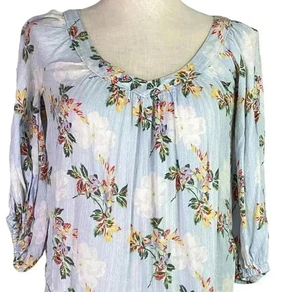 Anthropologie Maeve Boswell Womens 0P Floral Stripe Top Blue Multi 3/4 Sleeve - Picture 3 of 7